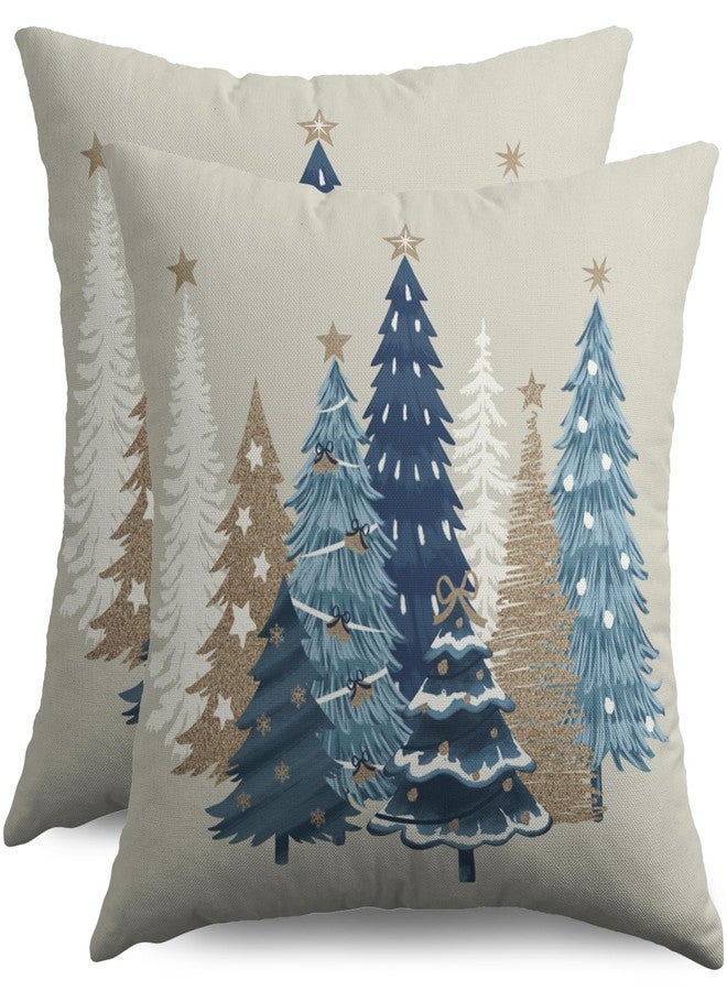 Sivirary Winter Christmas Pillow Covers 18x18 Inch Set of 2 Brown Blue Xmas Tree Decorative Throw Pillowcases Outdoor Holiday Seasonal Farmhouse Cushion Cases Decor for Sofa Couch Bed - Image 1